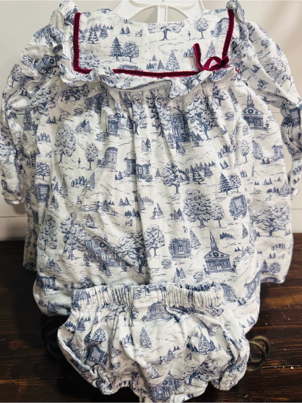Edgehill Collection White and Blue Toile Ruffle Collar Dress with Burgundy Trim